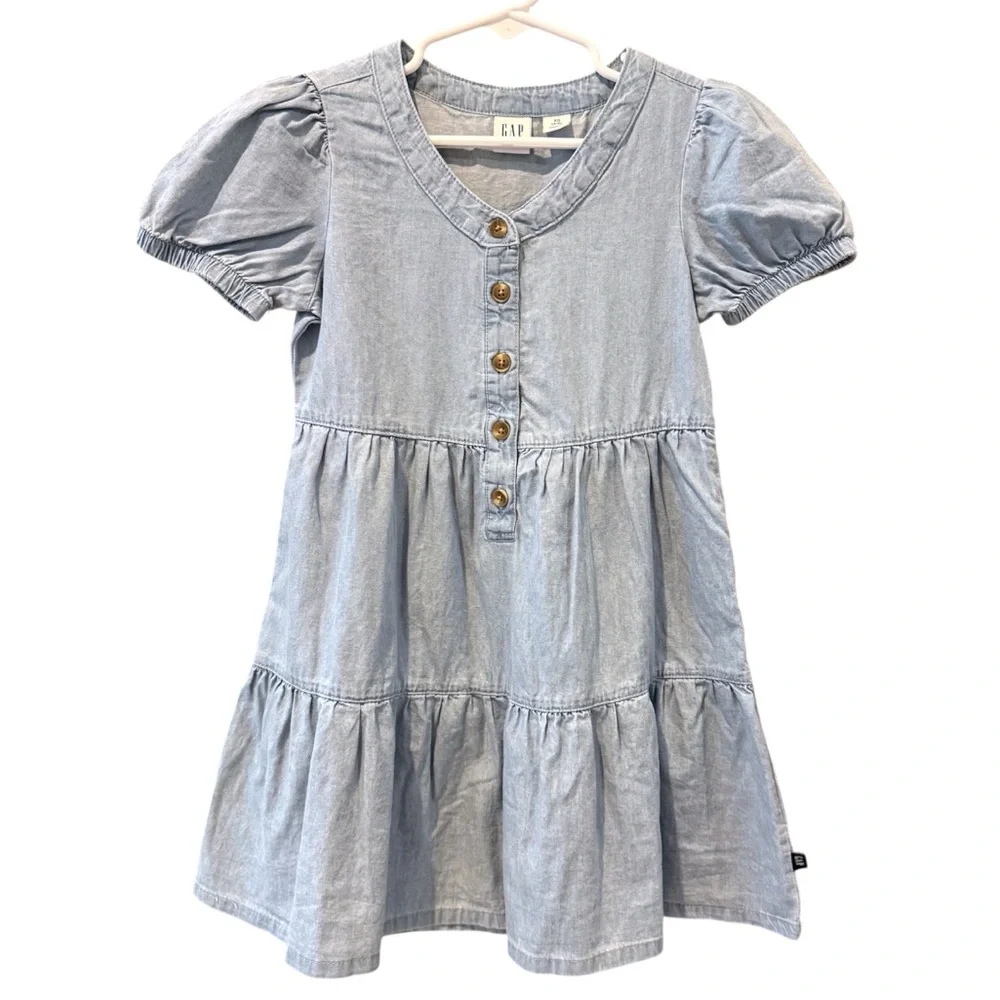 Gap Kids Woven Short Sleeve Tiered Ruffle Dress Chambray Blue Girls Size XS 4/5‎